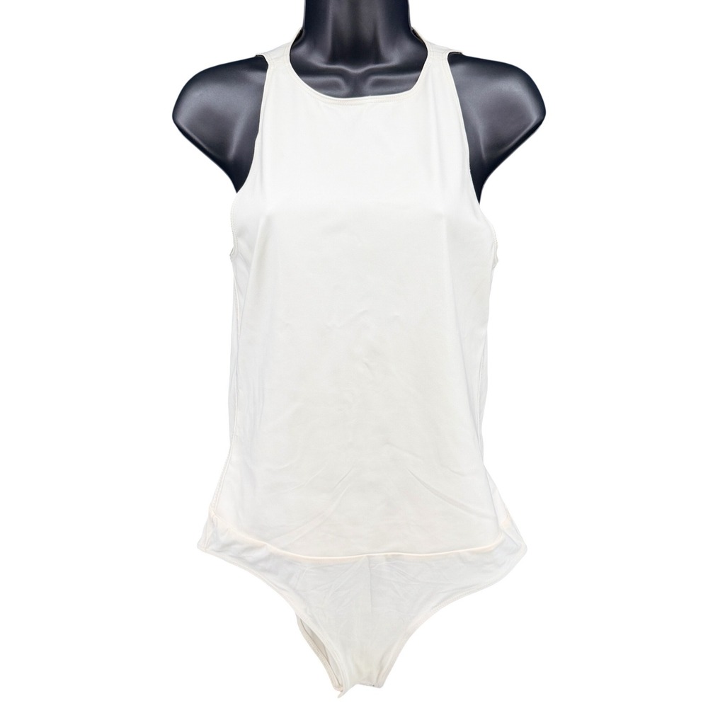 LAPOINTE Bodysuit Sz 6 Cream Faux Leather High Neck Sleeveless Date Night Out